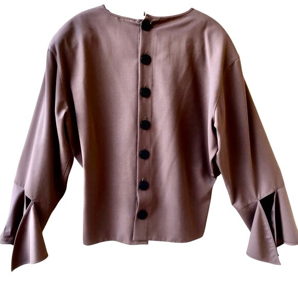 Krizia Italy Vintage Brown WOOL Lined Top Flounce Cuffs Button up Back - Picture 6 of 13